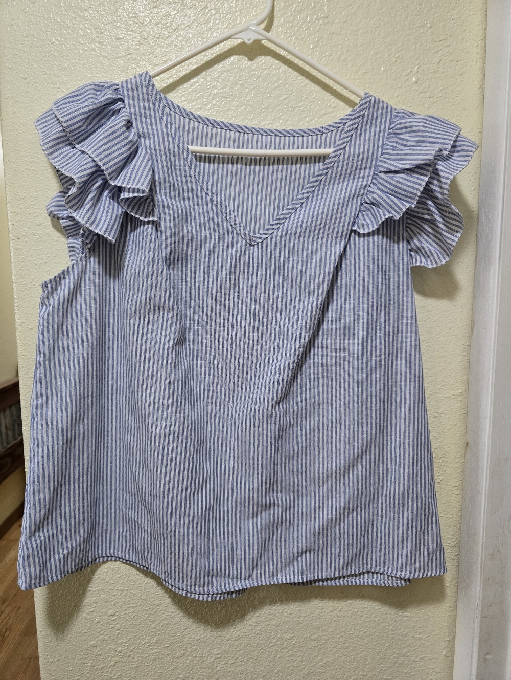 Striped Blue Ruffle Sleeve V-Neck Women's Top